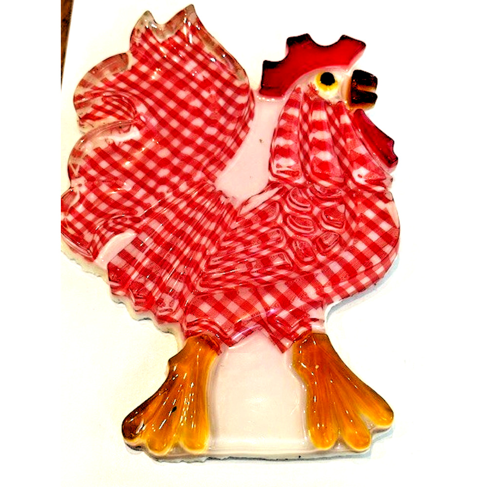 VTG 60's Chicken Rooster Lucite Resin Spoon Rest Hanger Red White Check Gingham